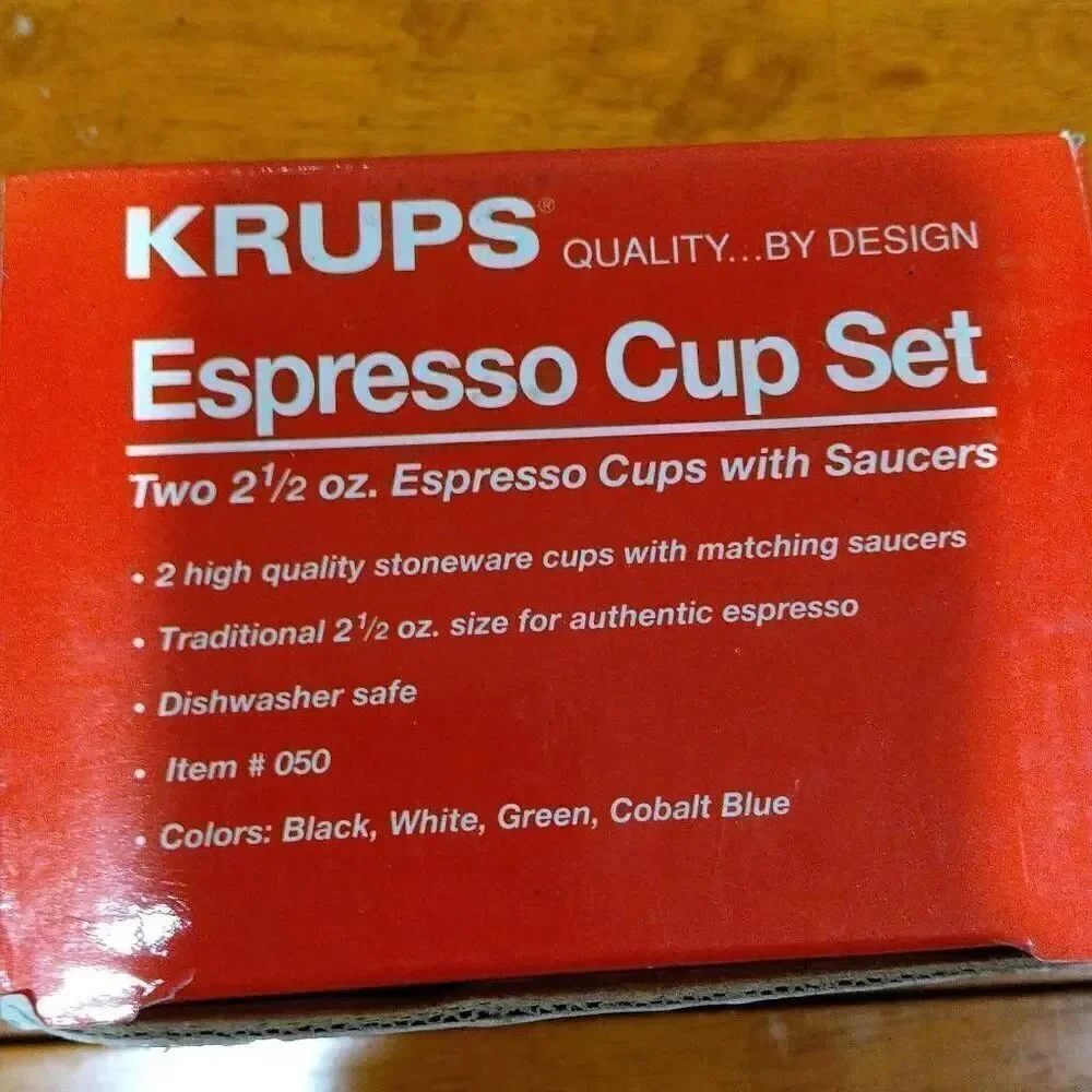 2 Krups Espresso Cup Sets, 4 2 1/2 Espresso Cups with Saucers, White Stoneware.